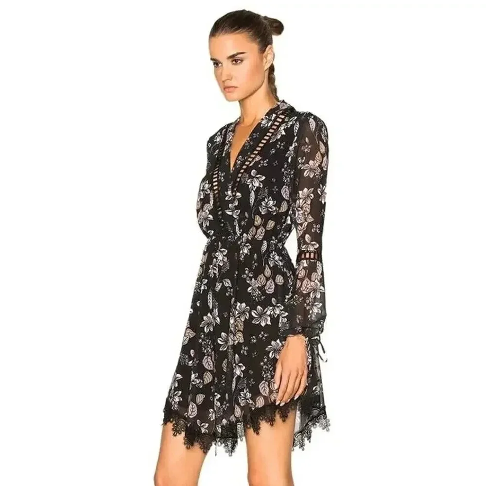 N/Nicholas Whisper Floral Lace Silk Mini Dress Size 2 Black Long Sleeve Trim